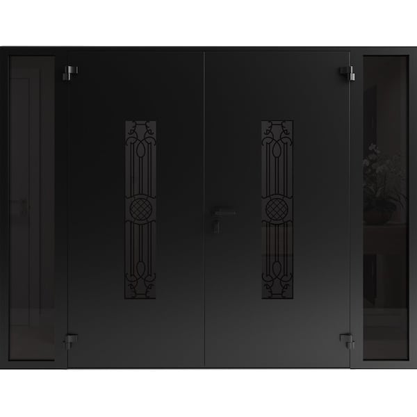 Vdomdoors Front Exterior Prehung Aluminum Double Doors Ronex1477 Black Enamel Mirrored Clear Glass 2 RONEX1477DEXD-BLK-W12+72+12xH96-RH-I - main