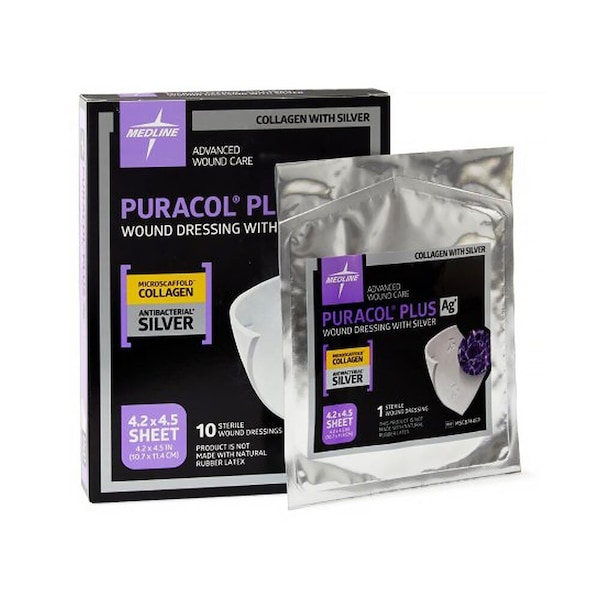 Medline Silver Collagen Dressing Puracol Plus AG+ 4-1/4x4-1/2", Square Sterile, 10PK 1081937_BX - main