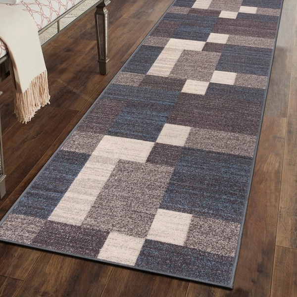 World Rug Gallery Contemporary Modern Geometric Boxes Design Non-Slip Runner Rug 2 ft 7 in x 10 ft Blue 506BLUE27X10 - main