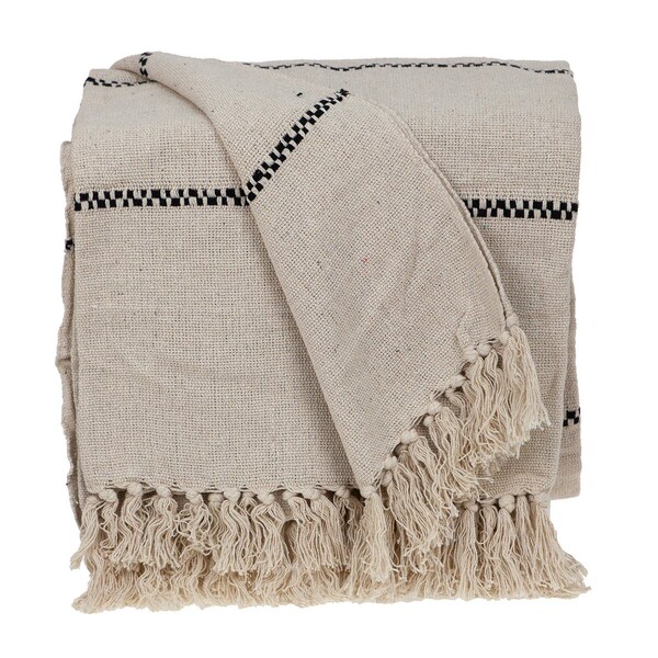 Homeroots 52" X 67" Beige and Black Woven Cotton Striped Throw Blanket with Tassels 476211 - main