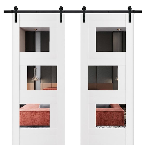 Vdomdoors Modern Double Barn Door Sete 6999 White Silk with Mirror 13FT Rail Track Set Solid Panel Interior SETE6999DB-WS-3684 - main
