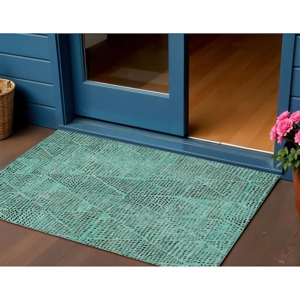 Homeroots 3' X 5' Teal Blue And Charcoal Geometric Washable Indoor Outdoor Area Rug 577601 - main