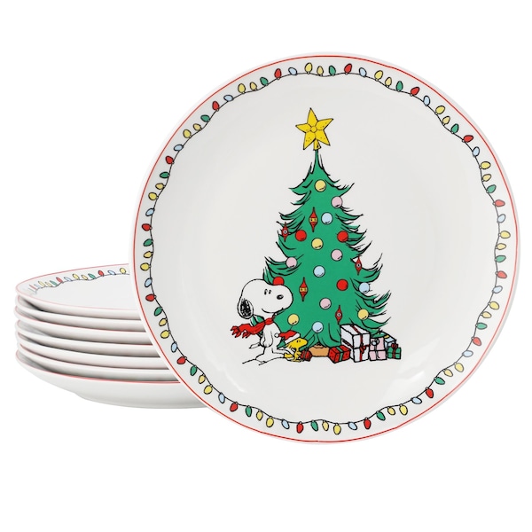 Peanuts Xmas 8 Piece 10.5 Inch Round Stoneware Dinner Plate Set in White 750123710M - main