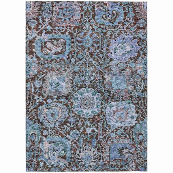 Homeroots 8' X 10' Chocolate And Aqua Damask Washable Indoor Outdoor Area Rug 603734 - main