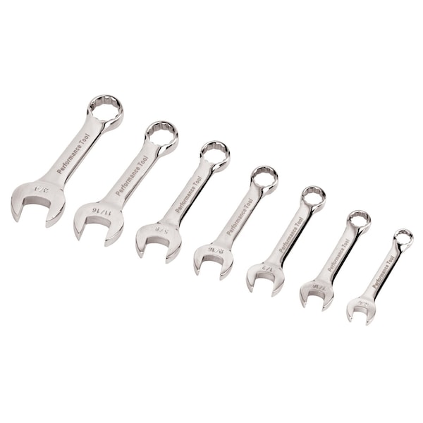 Performance Tool 7 pc. SAE Stubby Wrench Set, Fully Polished, Nickle Plated, Tight Access W30507 - main