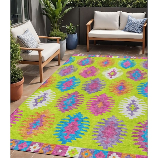 Homeroots 5' X 8' Lime Green Pink And Purple Southwestern Washable Indoor Outdoor Area Rug 615147 - main