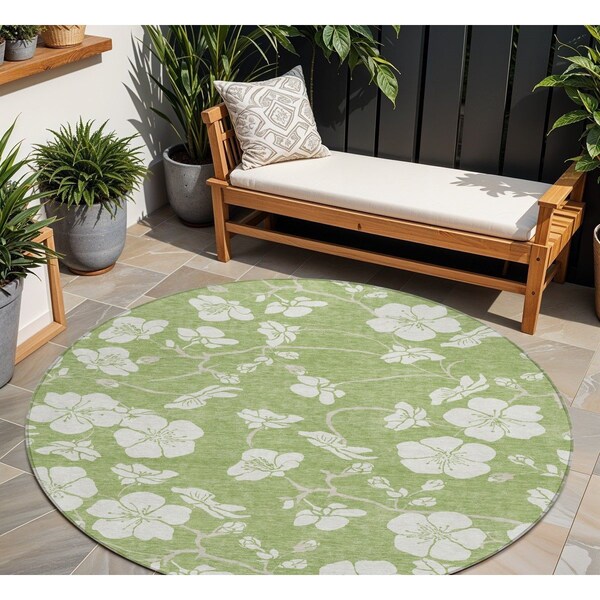 Homeroots 8' Artichoke Green And Ivory Round Floral Washable Indoor Outdoor Area Rug 599852 - main