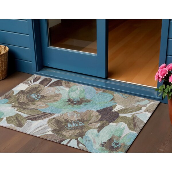 Homeroots 3' X 5' Khaki And Taupe Floral Washable Indoor Outdoor Area Rug 611004 - main