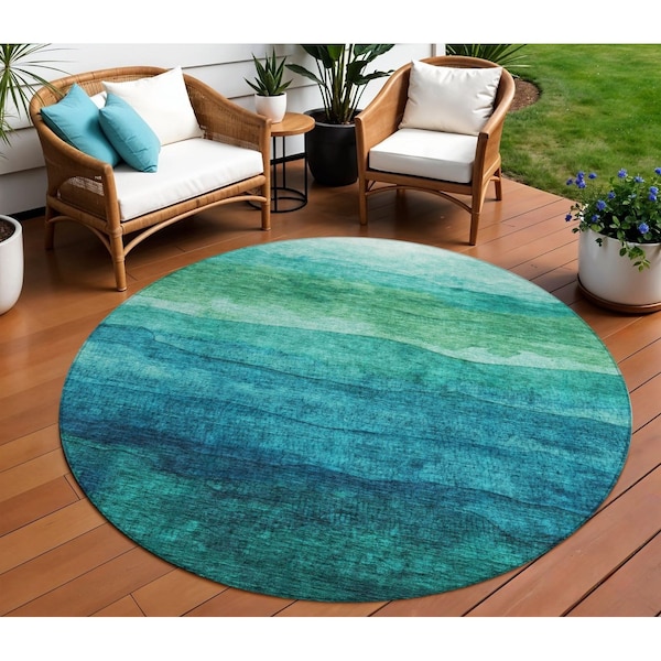 Homeroots 8' Teal Blue And Green Round Abstract Washable Indoor Outdoor Area Rug 618162 - main