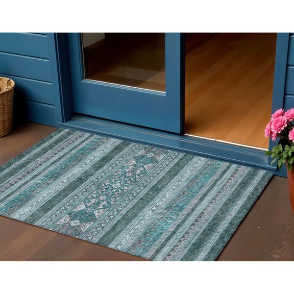 Homeroots 3' X 5' Teal Blue Ivory And Gray Southwestern Washable Indoor Outdoor Area Rug 582860 - main