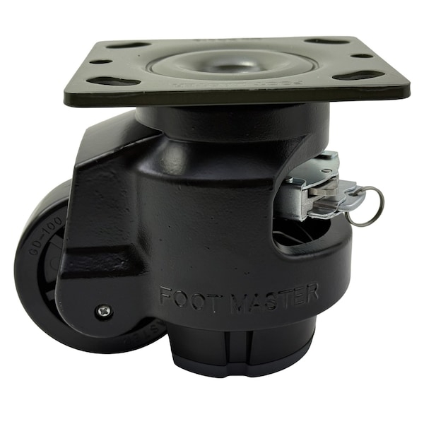 Foot Master Leveling Caster, Rachet, 75mm Nylon Wheel, 4 x 4-1/2 Plate, Swivel, 750kg Cap, NBR Foot Pad, Black GDR-100-F-NYN-FBL-PUS - main