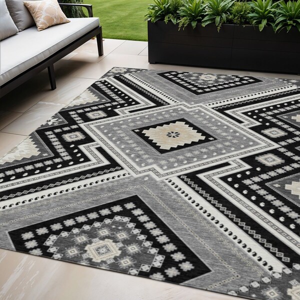 Homeroots 5' X 8' Black Gray And Ivory Tribal Washable Indoor Outdoor Area Rug 598095 - main