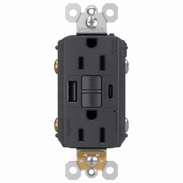 Legrand radiant Self-Test GFCI USB Outlet, 2-Pole, 15/2.1 A, 125 VAC, 1-Gang, 2-USB Port, Graphite 1597TRUSBACGC4 - main