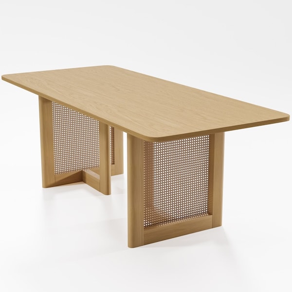 Homeroots 79" Natural Solid Wood and Rattan Double Pedestal Base Dining Table 712188 - main