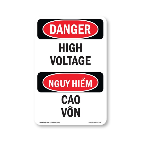 Signmission Safety Sign, OSHA Danger, 14" Height, Rigid Plastic, High Voltage Bilingual OS-DS-P-1014-VV-1327 - main