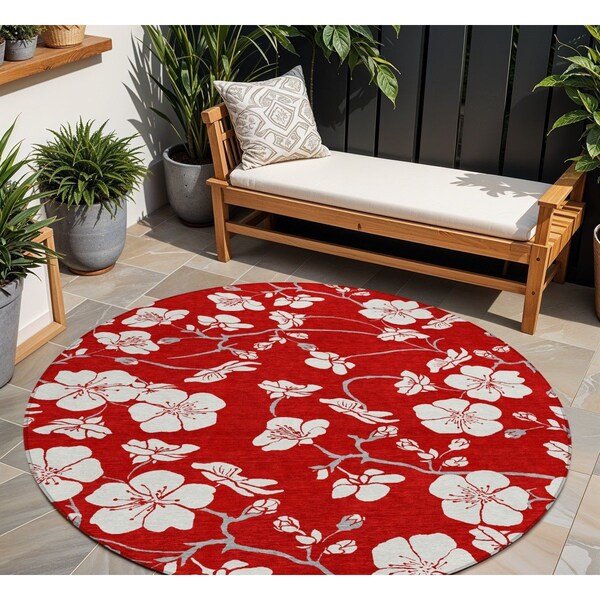 Homeroots 8' Red Ivory And Gray Round Floral Washable Indoor Outdoor Area Rug 599918 - main
