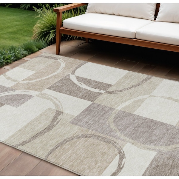 Homeroots 9' X 12' Ivory And Beige Geometric Washable Indoor Outdoor Area Rug 612585 - main