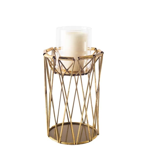 Homeroots 8" Antiqued Brass Distressed Geometric Metal And Glass Tabletop Hurricane Candle Holder 608518 - main