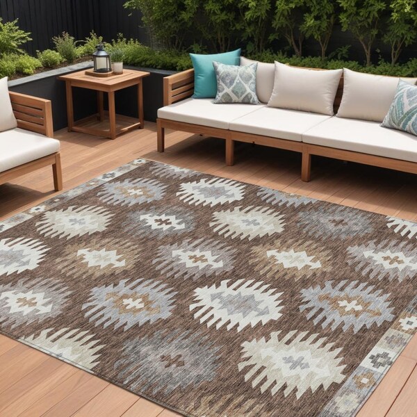 Homeroots 8' X 10' Brown Ivory And Taupe Southwestern Washable Indoor Outdoor Area Rug 615125 - main