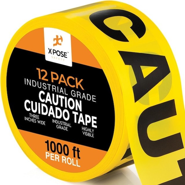 Xpose Safety 12pk Caution/Cuidado Tape Roll, 12 Rolls, 1000 Ft x 3 In Wide Each, Yellow Safety Tape, 12PK PCCT-12-X-S - main
