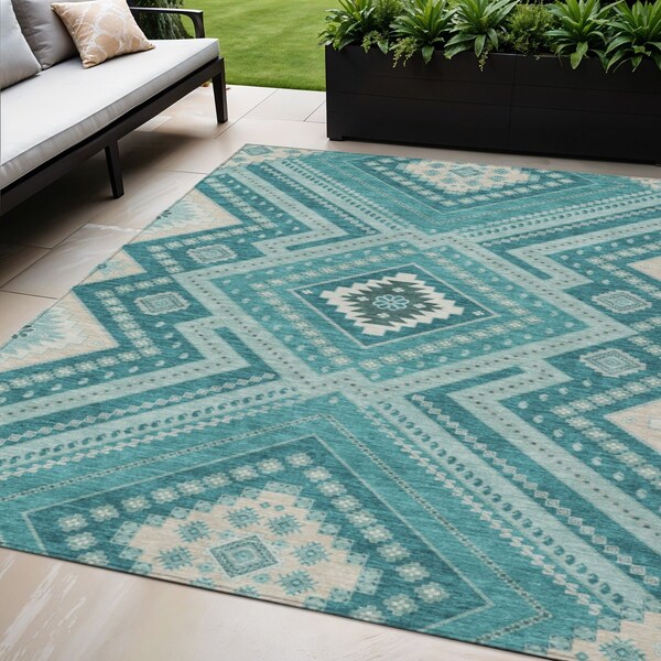 Homeroots 5' X 8' Teal Blue And Ivory Tribal Washable Indoor Outdoor Area Rug 598155 - main