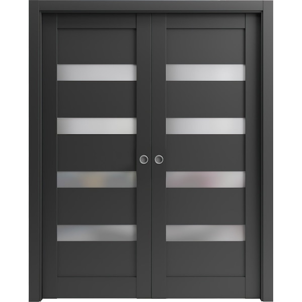 Sartodoors Sliding French Dbl Pocket Doors 48 x 80in, Matte Black Frosted Glass, Kit Trims Rail Hardware QUADRO4113DP-BLK-48 - main
