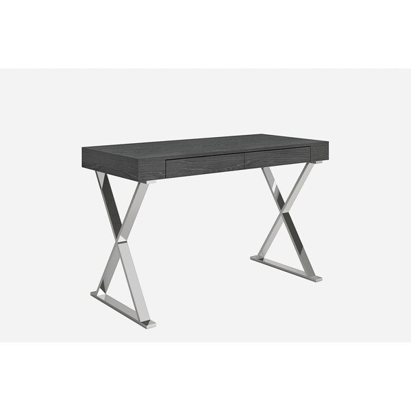 Homeroots 47" Gray and Silver Wood and Stainless Steel Mirrored X-Shape Writing Desk With Two Drawers 372196 - main