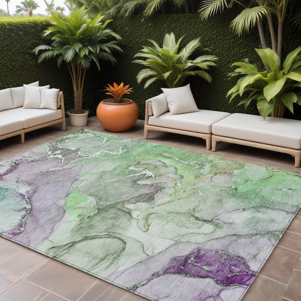 Homeroots 9' X 12' Green Abstract Washable Non Skid Indoor Outdoor Area Rug 559184 - main