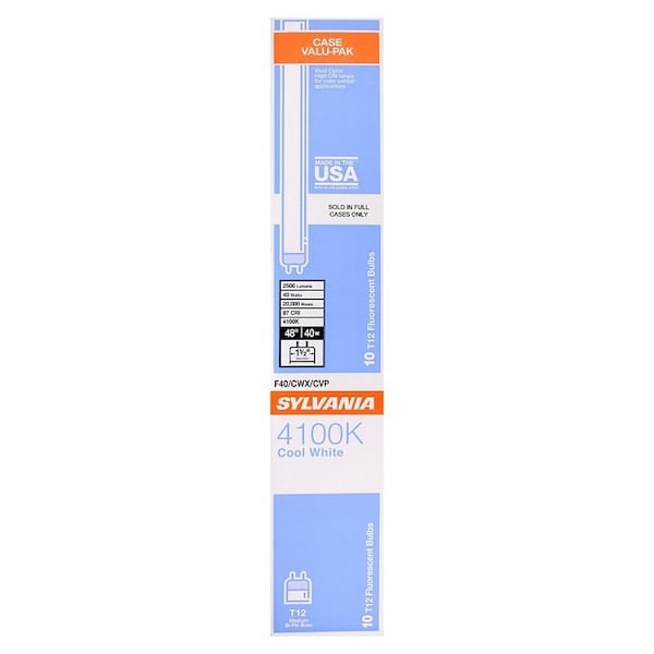 Sylvania Fluorescent Bulb, 4100 K Color Temp, Cool White, 1850 Lumens, 40 W, T12 Lamp, Medium Lamp Base, 10PK 22461 - main