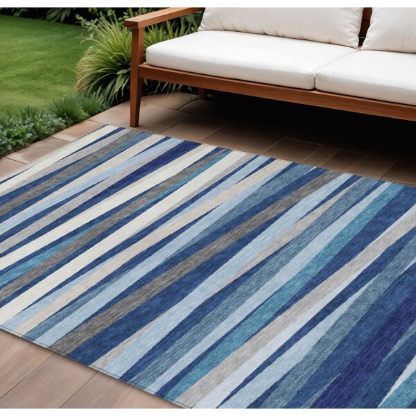 Homeroots 9' X 12' Navy Blue Ivory And Gray Striped Washable Indoor Outdoor Area Rug 597347 - main