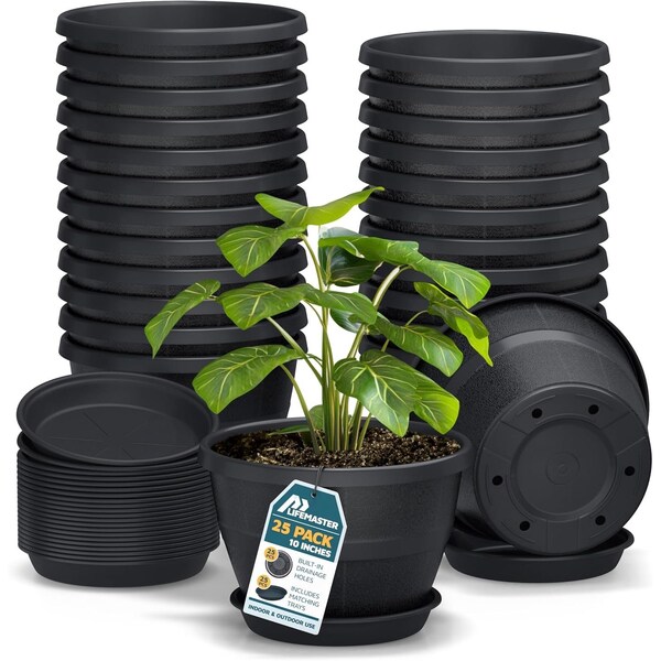 Lifemaster 10-Inch Whiskey Barrel Planters, Durable Plastic Pots with Drainage and Saucer, 25PK LMPBP25BLK - main