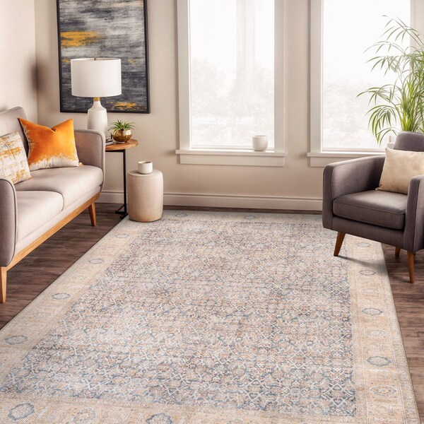 World Rug Gallery Blue Washable Rug - Traditional Pattern, Flat Pile for Living Room or Office 5 ft x 7 ft WR173BLUE5X7 - main