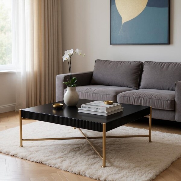 Homeroots 42" Black and Gold Solid Wood and Steel Square Coffee Table 556707 - main