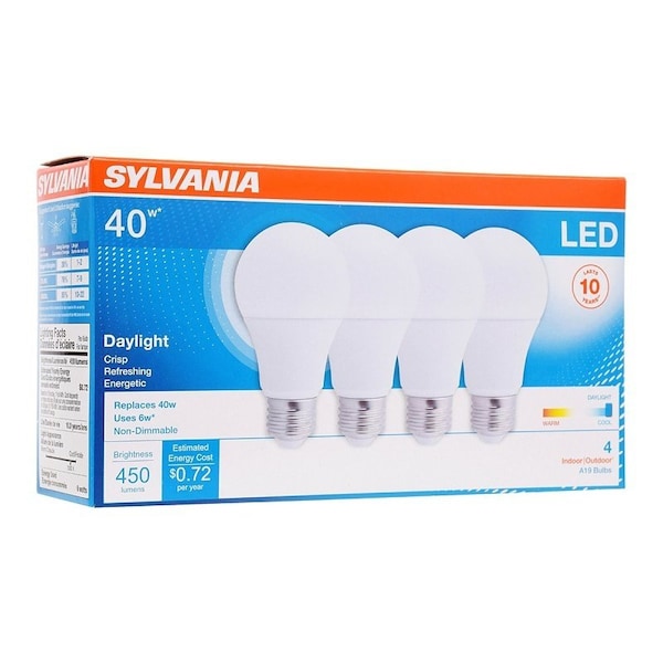 Sylvania LED Bulb, General Purpose, A19 Lamp, 40 W Equivalent, E26 Lamp Base, Frosted, Bright White Light 74084 - main