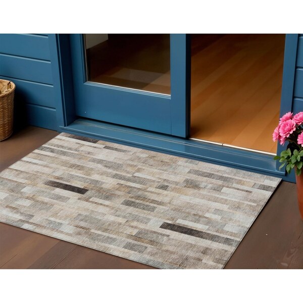 Homeroots 3' X 5' Taupe And Gray Striped Washable Indoor Outdoor Area Rug 615524 - main