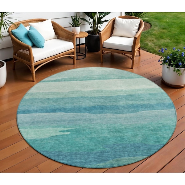 Homeroots 8' Turquoise Round Striped Washable Indoor Outdoor Area Rug 608153 - main