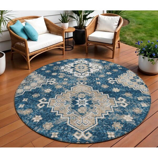 Homeroots 8' Navy Blue Beige And Ivory Round Medallion Washable Indoor Outdoor Area Rug 589010 - main