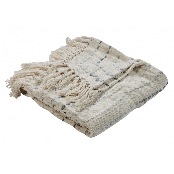 Homeroots 50" X 60" Cream Kantha Cotton Striped Throw Blanket with Embroidery 516628 - main