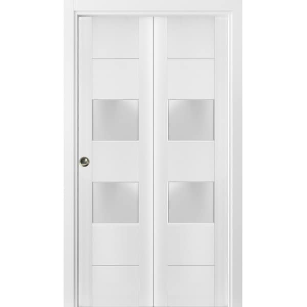Sartodoors Sliding Closet Bi-fold Doors, Lucia 4010 White Silk with Frosted Glass, Sturdy Tracks Moldings Trim LUCIA4010BF-WS-64 x 80 (2* 32x80) - main