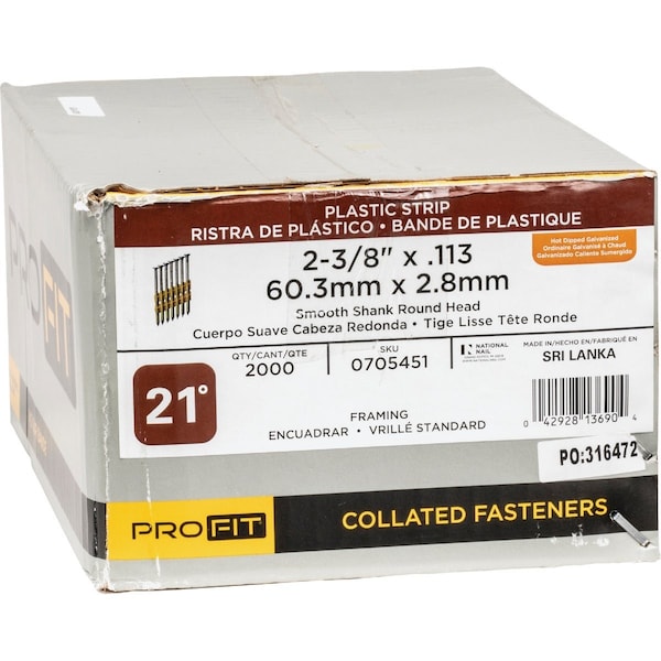 Pro-Fit 2-3/8''x0.113'' 21 Deg Plastic Strip Round Head Hot Dipped Galvanized Framing Stick Nails, 2000 Ct. 705451 - main