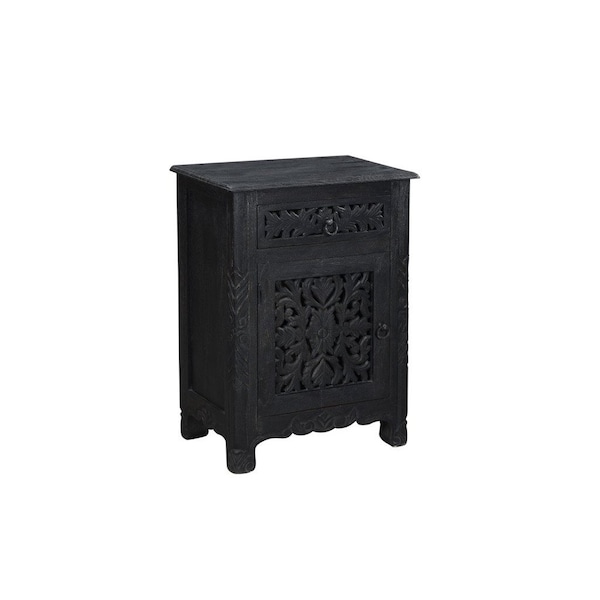 Homeroots 30" Black Solid Wood Distressed One Drawer Nightstand 521199 - main