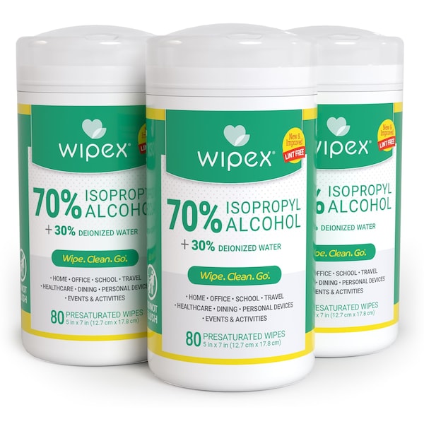 Wipex 70% Isopropyl Alcohol Wipes Canister 80ct, 3 pack case, 240 wipes, Lint-Free SMS Cloth, 3PK WX71997ALC3 - main