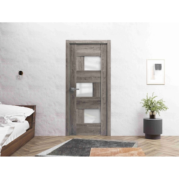 Vdomdoors Solid French Door 24 x 96in, Nebraska Grey W/ Frosted Glass, Single Regular Panel Frame Trims Handle SETE6933ID-NEB-2496 - main