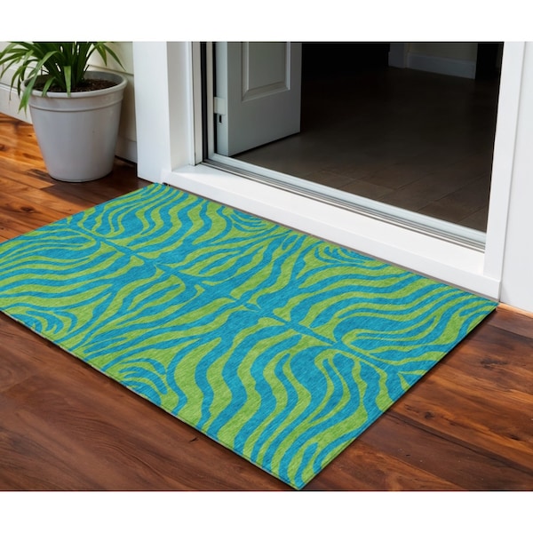 Homeroots 3' X 5' Teal Blue And Green Animal Print Washable Indoor Outdoor Area Rug 600708 - main
