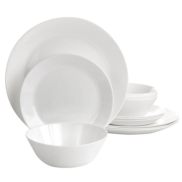 Gibson Ultra Courtyard 12 Piece Tempered Opal Glass Dinnerware Set in White 126948.12 - main