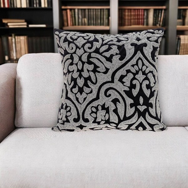 Homeroots 18" Black and Silver Damask Velvet Throw Pillow With Beads 529340 - main