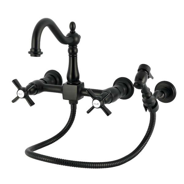 Kingston Brass Two-Handle Wall Mount Bridge Kitchen Faucet with Brass Sprayer, Matte Black KS1260ZXBS - main