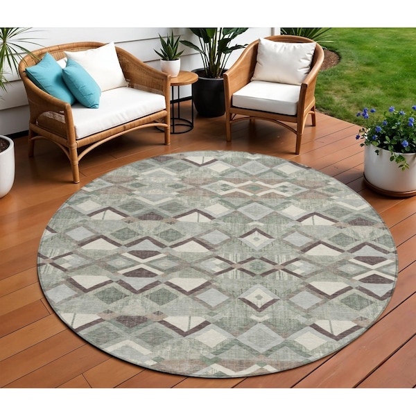 Homeroots 8' Sage And Off White Round Geometric Washable Indoor Outdoor Area Rug 608995 - main