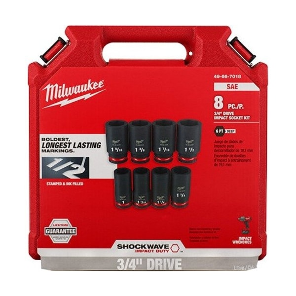 Milwaukee Tool 8PC SHOCKWAVE Impact Duty 3/4" Drive SAE Deep 6-Point Socket Set 49-66-7018 - main