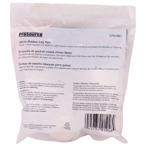 Prosource Furniture Leg Tip, Round, Rubber, White, 7/8 in Dia, 1.4 in H FE-50644-B - main